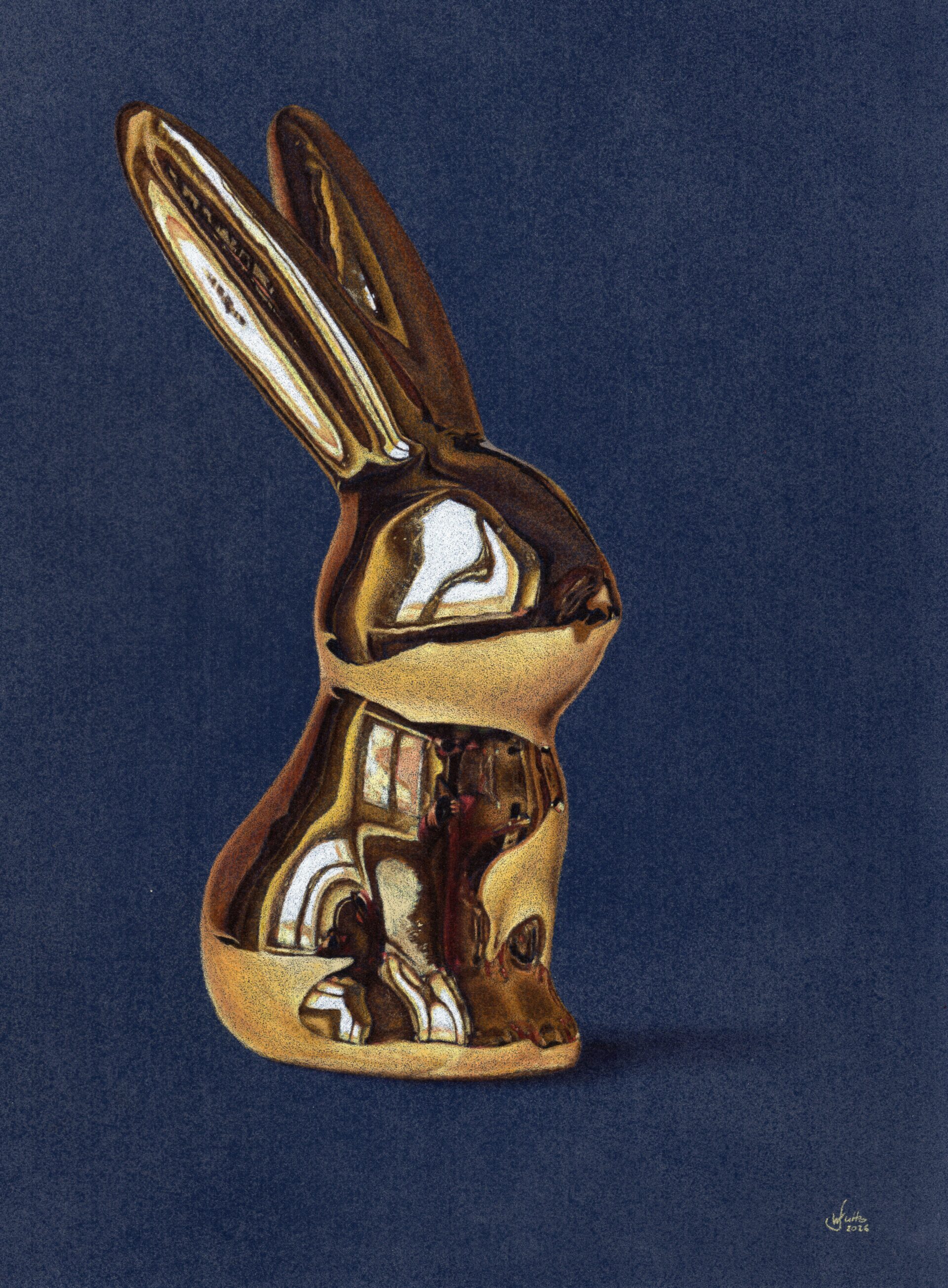 Glänzender Hase auf dunkelblauem Hintergrund, gezeichnet, Realismus